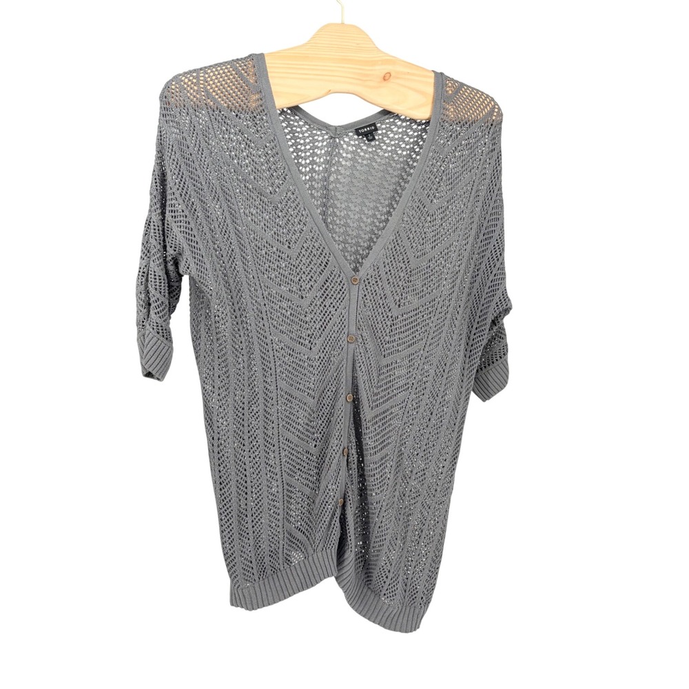 Torrid Cardigan 2 Gray Pointelle Open Knit Button Front Elbow Sleeve V-Neck